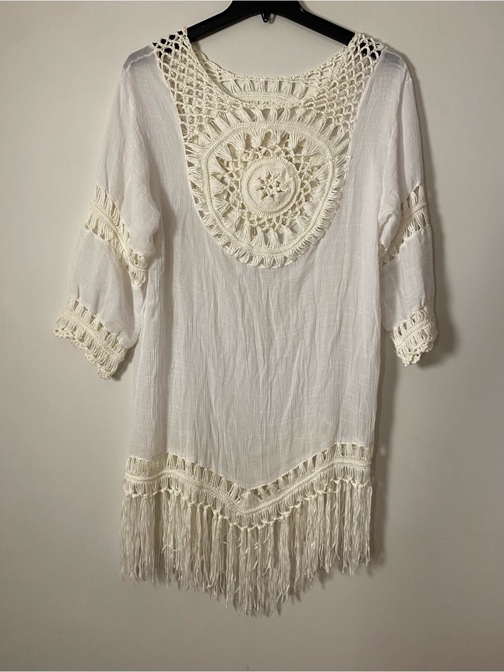 Boho Cream Crochet Fringe Cotton blend Tunic Dress